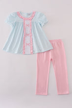 Load image into Gallery viewer, Blue bow embroidery gingham ruffle pants set
