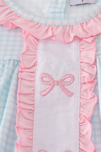 Load image into Gallery viewer, Blue bow embroidery gingham ruffle pants set
