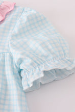 Load image into Gallery viewer, Blue bow embroidery gingham ruffle pants set
