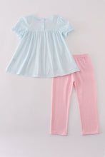 Load image into Gallery viewer, Blue bow embroidery gingham ruffle pants set
