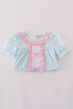 Load image into Gallery viewer, Blue bow embroidery gingham ruffle pants set
