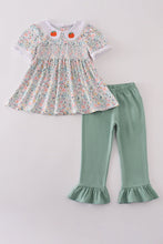 Load image into Gallery viewer, Green floral pumpkin embroidery smocked ruffle pants set
