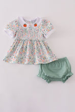 Load image into Gallery viewer, Green floral pumpkin embroidery smocked bloomer set
