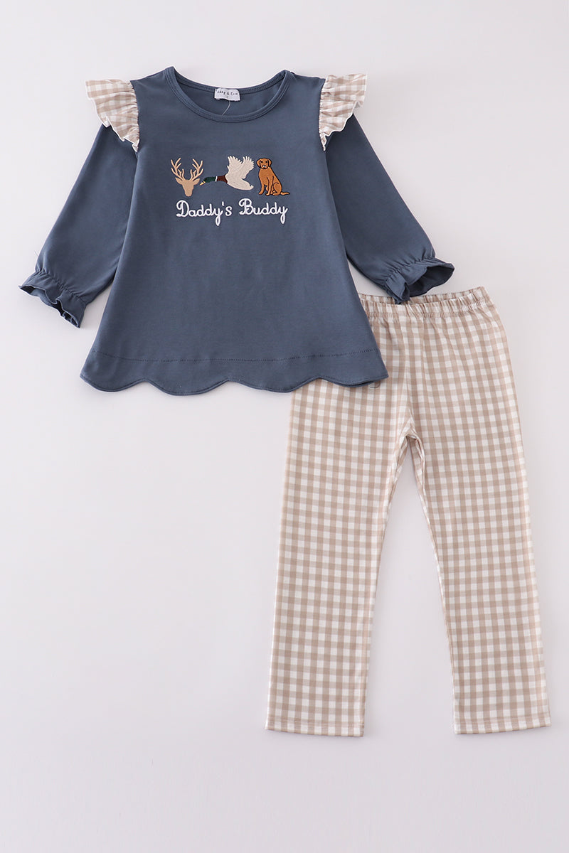 Navy hunting embroidery ruffle pants set