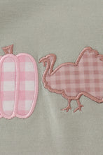 Load image into Gallery viewer, Sage pumpkin turkey applique ruffle dress
