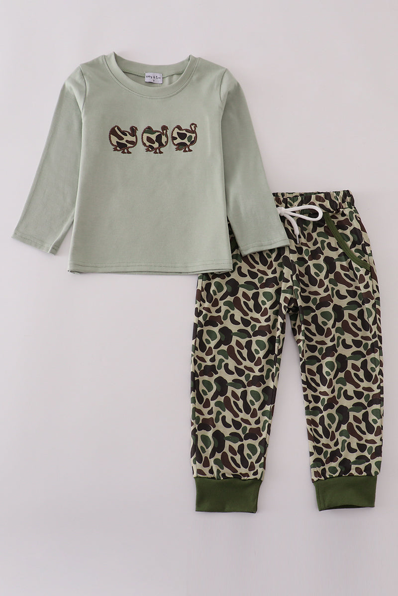 Sage camouflage turkey applique pants set