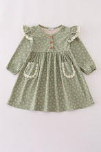 Load image into Gallery viewer, Green corduroy floral lace ruffle dress
