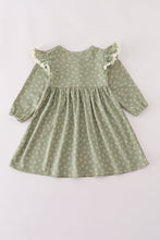 Load image into Gallery viewer, Green corduroy floral lace ruffle dress
