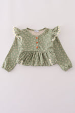 Load image into Gallery viewer, Green corduroy floral lace ruffle dress
