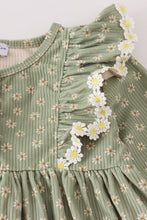 Load image into Gallery viewer, Green corduroy floral lace ruffle dress
