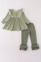 Load image into Gallery viewer, Green corduroy floral lace ruffle pants set
