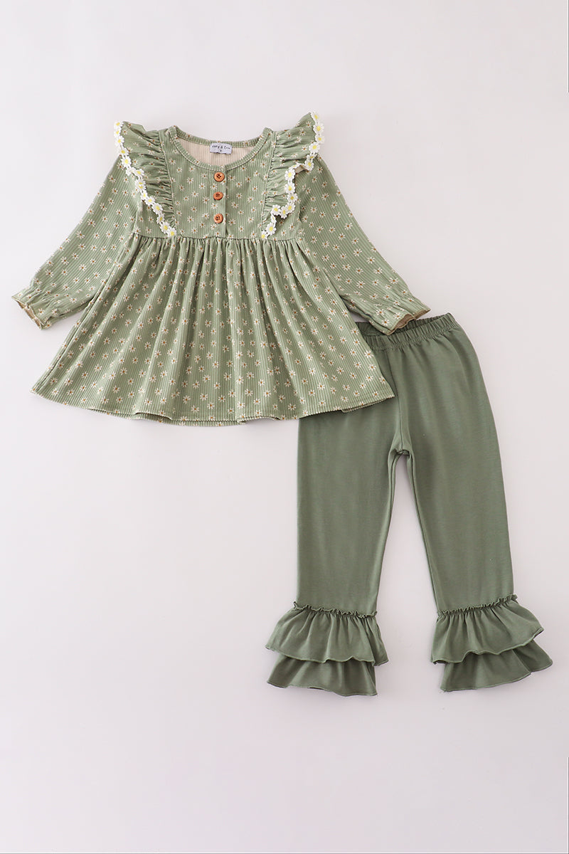 Green corduroy floral lace ruffle pants set
