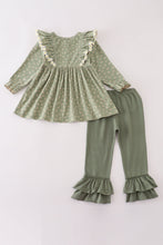 Load image into Gallery viewer, Green corduroy floral lace ruffle pants set
