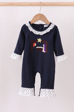 Load image into Gallery viewer, Navy nativity embroidery ruffle romper
