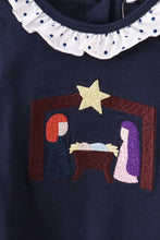 Load image into Gallery viewer, Navy nativity embroidery ruffle romper
