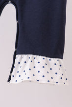 Load image into Gallery viewer, Navy nativity embroidery ruffle romper
