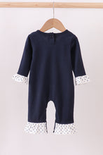 Load image into Gallery viewer, Navy nativity embroidery ruffle romper
