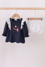 Load image into Gallery viewer, Navy nativity embroidery ruffle bloomer set
