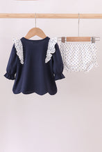 Load image into Gallery viewer, Navy nativity embroidery ruffle bloomer set
