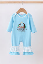 Load image into Gallery viewer, Blue nativity embroidery ruffle romper
