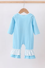 Load image into Gallery viewer, Blue nativity embroidery ruffle romper

