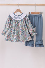 Load image into Gallery viewer, Blue floral blessed embroidery ruffle pants set
