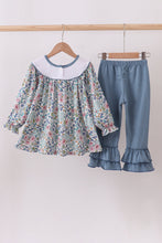 Load image into Gallery viewer, Blue floral blessed embroidery ruffle pants set
