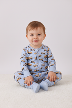 Load image into Gallery viewer, Premium blue excavator print bamboo romper
