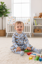 Load image into Gallery viewer, Premium blue excavator print bamboo romper
