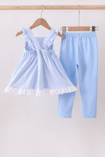 Load image into Gallery viewer, Premium blue snowman embroidery gingham ruffle pants set
