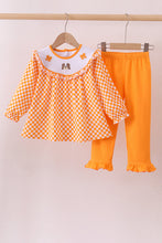 Load image into Gallery viewer, Orange Tennessee puppy bow embroidery checkered ruffle pants set
