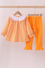 Load image into Gallery viewer, Orange Tennessee puppy bow embroidery checkered ruffle pants set
