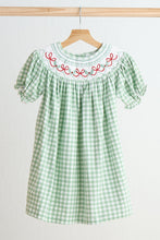Load image into Gallery viewer, Green bow tie hand smocked gingham dress
