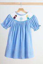 Load image into Gallery viewer, Blue snow princess hand smocked gingham dress
