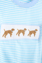 Load image into Gallery viewer, Blue puppy hand smocked boy stripe top
