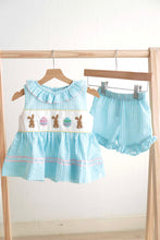 Load image into Gallery viewer, Blue easter bunny egg french knot girl gingham seersucker set
