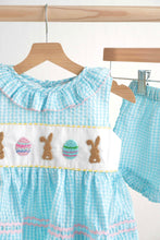 Load image into Gallery viewer, Blue easter bunny egg french knot girl gingham seersucker set
