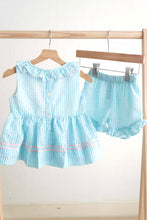 Load image into Gallery viewer, Blue easter bunny egg french knot girl gingham seersucker set
