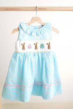 Load image into Gallery viewer, Blue easter bunny egg french knot girl gingham seersucker dress
