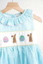 Load image into Gallery viewer, Blue easter bunny egg french knot girl gingham seersucker dress
