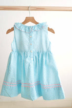 Load image into Gallery viewer, Blue easter bunny egg french knot girl gingham seersucker dress
