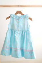 Load image into Gallery viewer, Blue easter bunny egg french knot girl gingham seersucker dress
