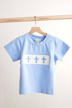 Load image into Gallery viewer, Blue easter cross hand-smokced boy top
