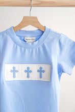 Load image into Gallery viewer, Blue easter cross hand-smokced boy top
