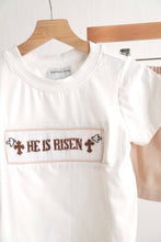 Load image into Gallery viewer, Khaki he is risen hand-smocked boy set

