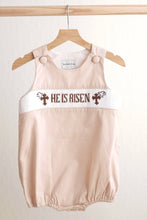Load image into Gallery viewer, Khaki he is risen hand-smocked boy bubble
