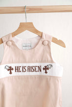 Load image into Gallery viewer, Khaki he is risen hand-smocked boy bubble
