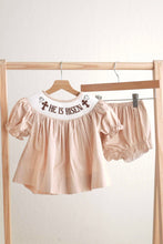 Load image into Gallery viewer, Khaki he is risen hand-smocked girl bloomer set
