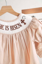 Load image into Gallery viewer, Khaki he is risen hand-smocked girl bloomer set
