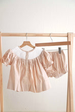 Load image into Gallery viewer, Khaki he is risen hand-smocked girl bloomer set
